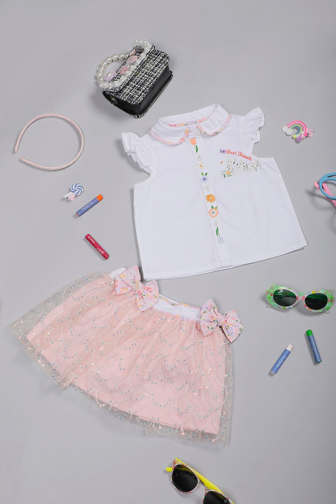 One Friday Baby Girls White Top and Pink Sequined Skirt Set - One Friday World