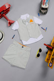 One Friday Baby Boys White Half Sleeves Cotton Shirt with Bow and Green striped Waistcoat With Short - One Friday World