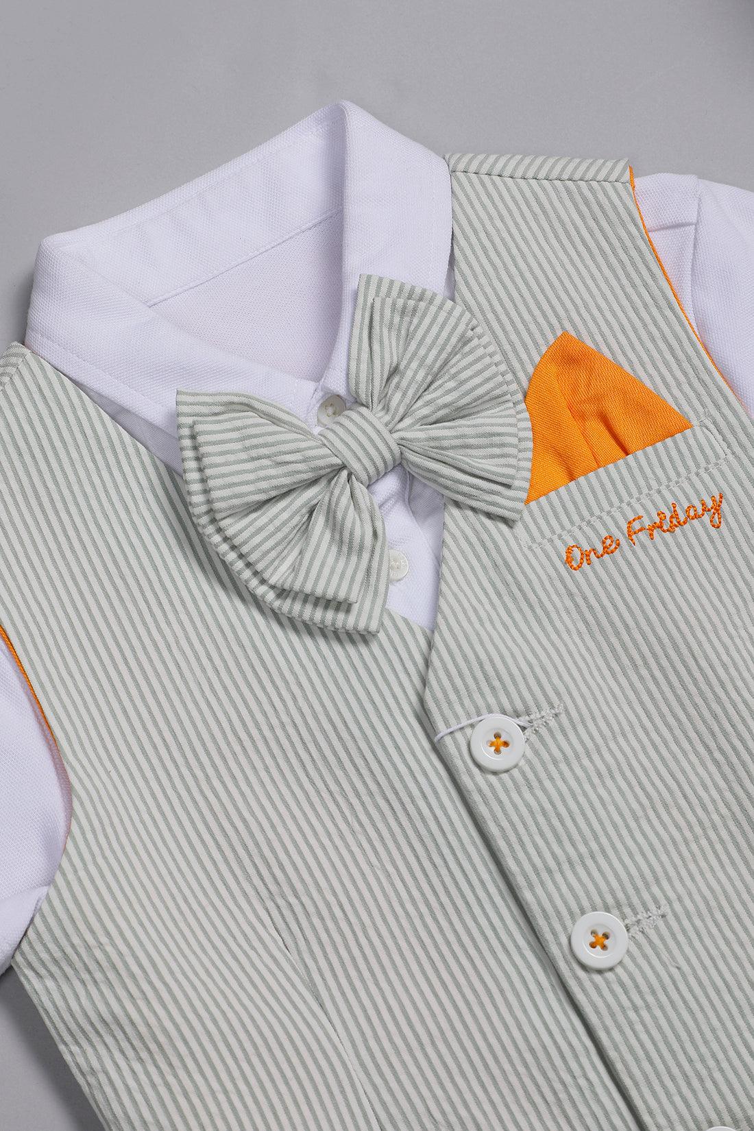 One Friday Baby Boys White Half Sleeves Cotton Shirt with Bow and Green striped Waistcoat With Short - One Friday World