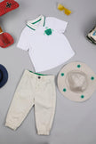 One Friday Baby Boys Cotton Polo Neck Embroidered T-Shirt With Beige Trouser and Hat - One Friday World