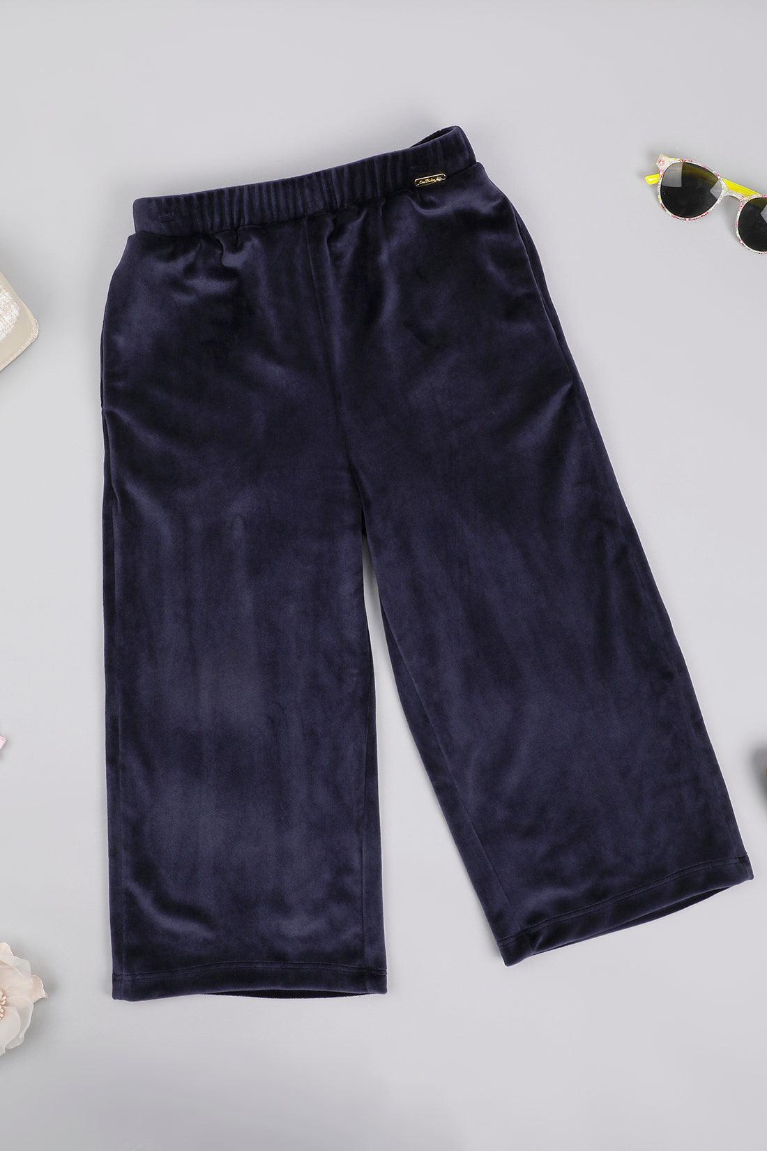 One Friday Kids Girls Navy Blue Solid Trouser - One Friday World