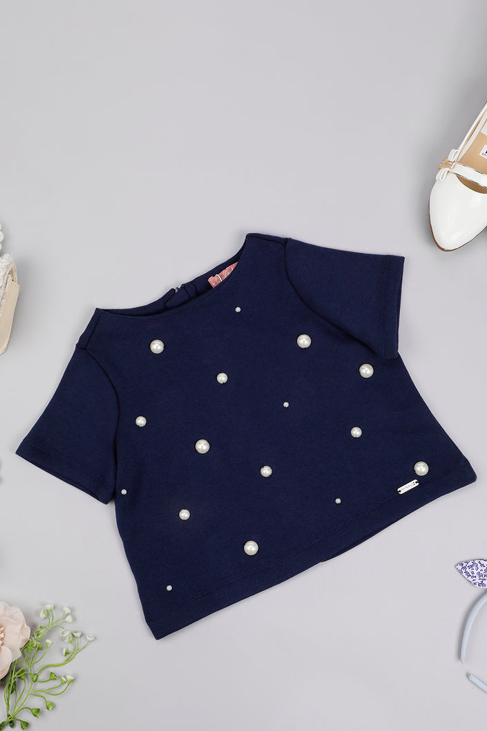 One Friday Kids Girls Navy Blue Solid Top