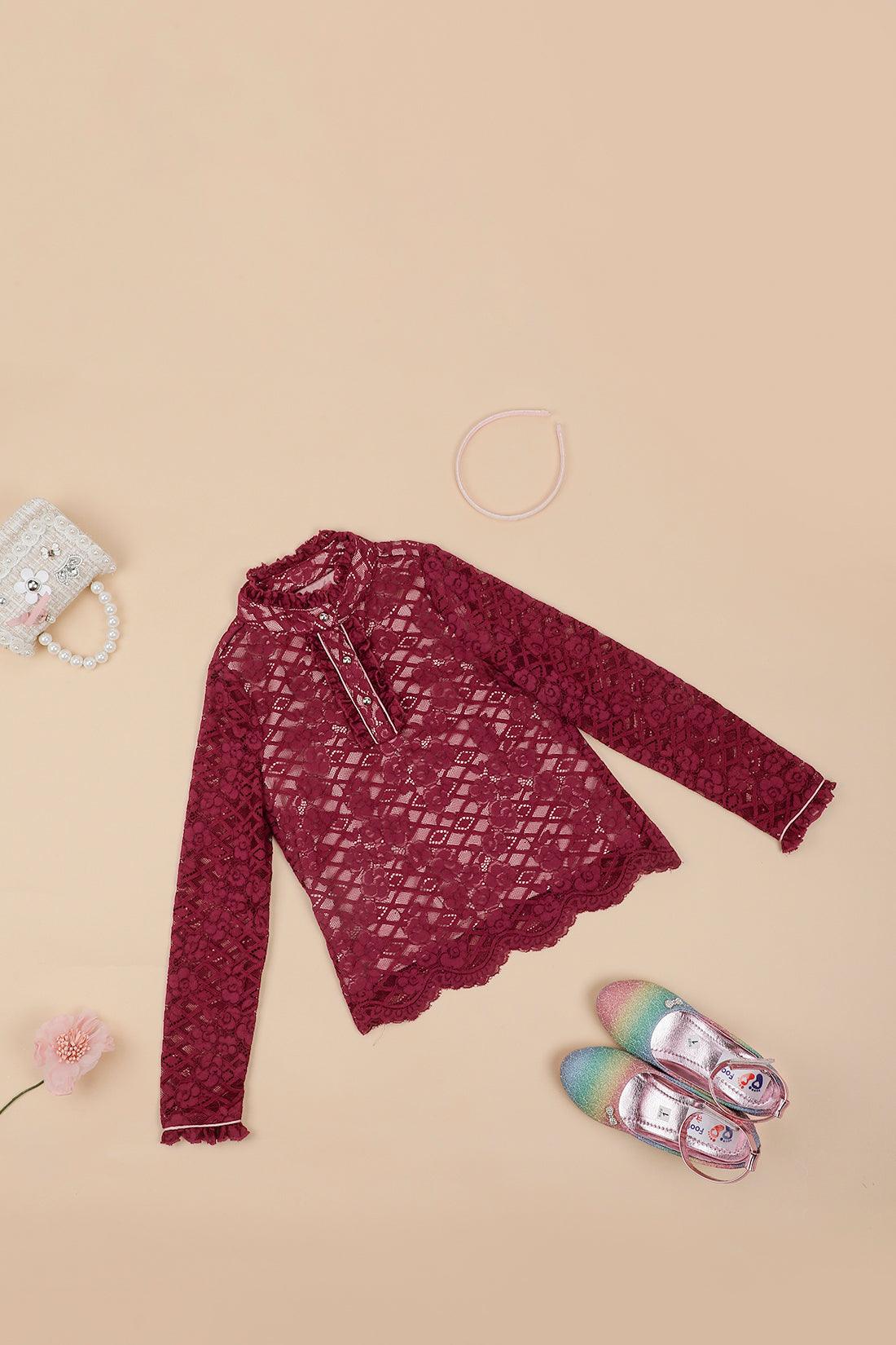 One Friday Kids Girls Maroon Lace Fabric Top - One Friday World