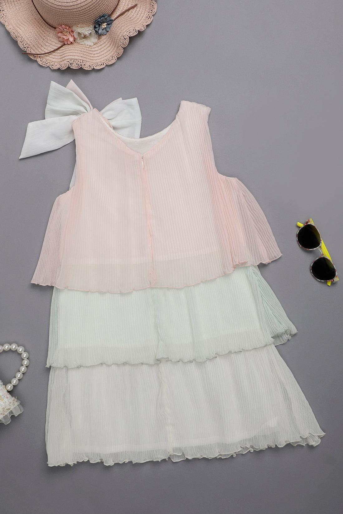 One Friday Kids Girls Pleated Layered Peach and White Sleeveless Dress - One Friday World