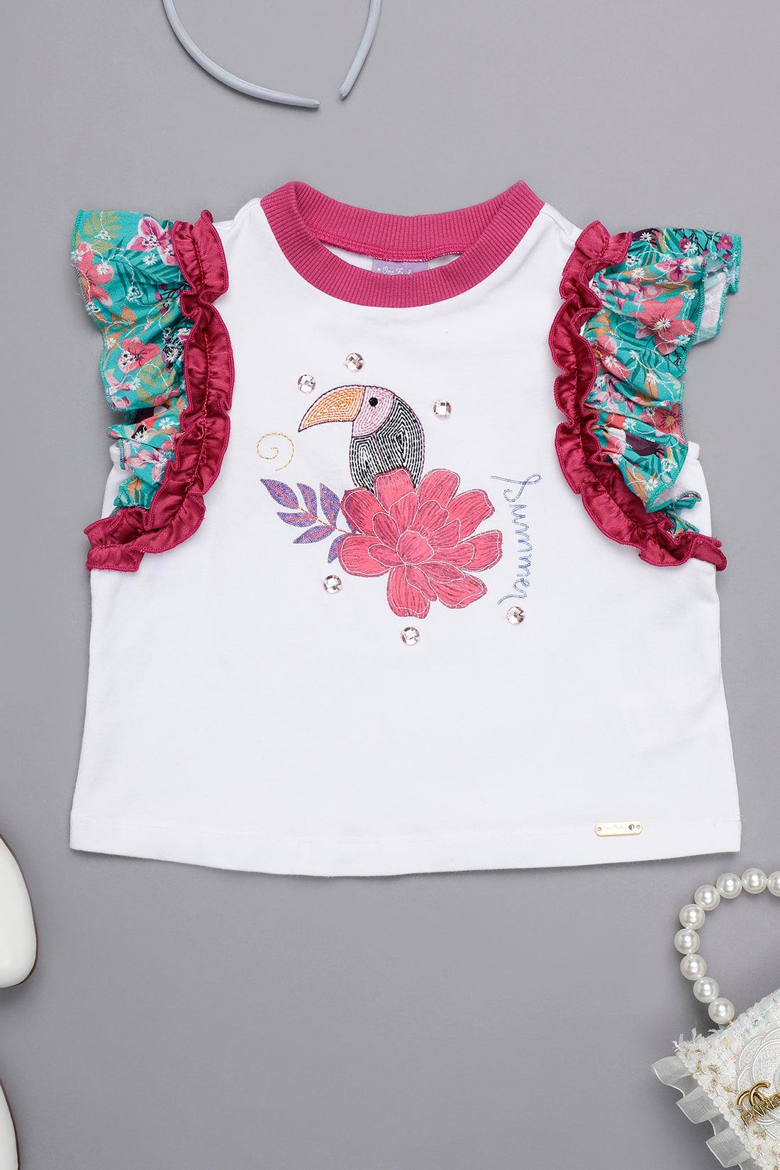 One Friday Kids Girls Round Neck White Printed Top - One Friday World