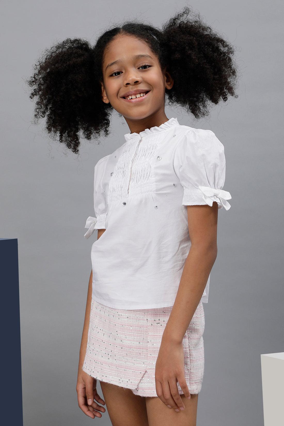 One Friday Kids Girls 100% Cotton White Short Sleeve Top With Pin Tucks & Frills - One Friday World