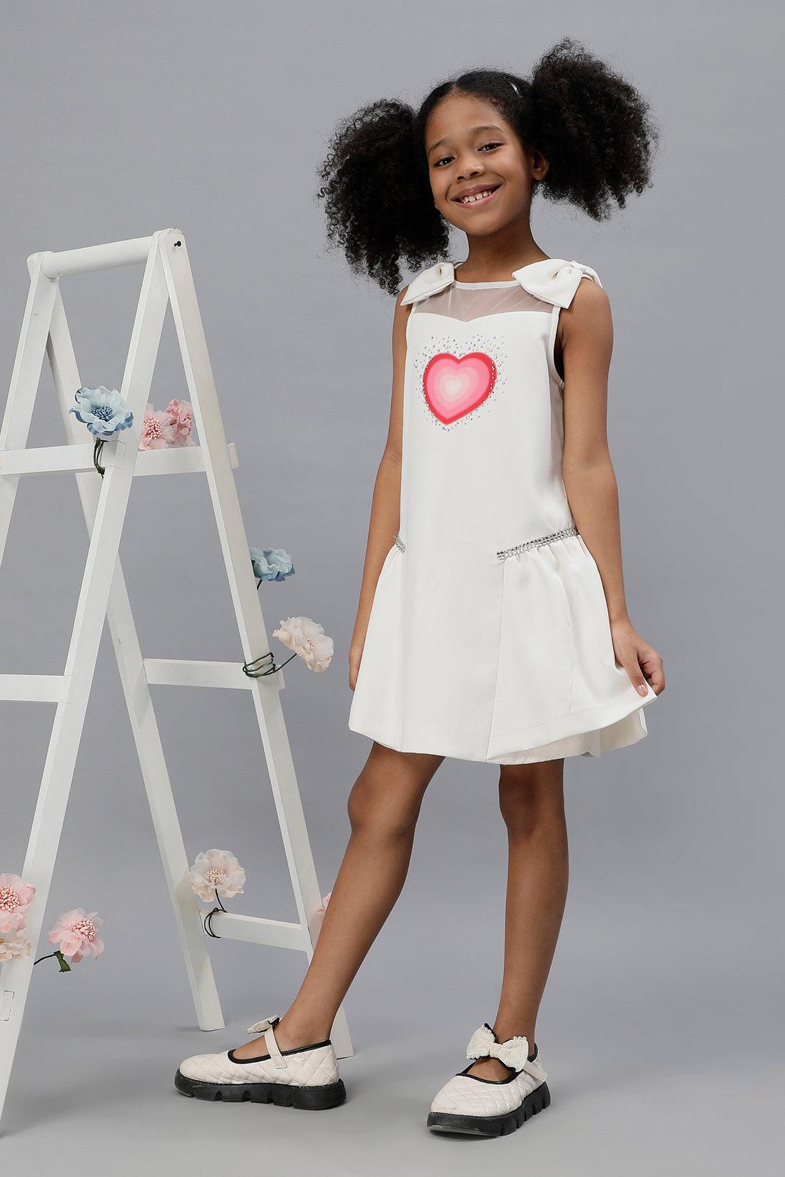 One Friday Girls Bow & Heart White Dress with Embellishment - One Friday World