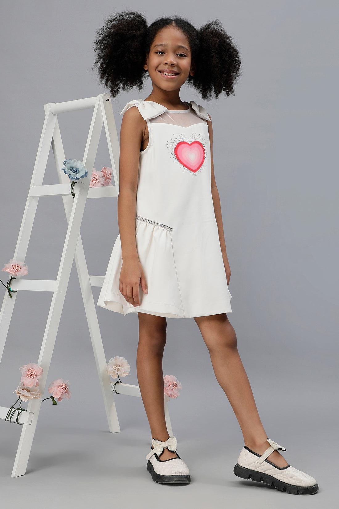 One Friday Girls Bow & Heart White Dress with Embellishment - One Friday World