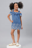 One Friday Girls Blue Cold-Shoulder Embroidered Dress - One Friday World