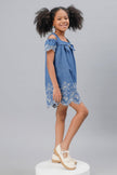 One Friday Girls Blue Cold-Shoulder Embroidered Dress - One Friday World