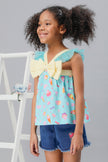 One Friday Kids Girls Aqua Cupcake Printed Bow Top