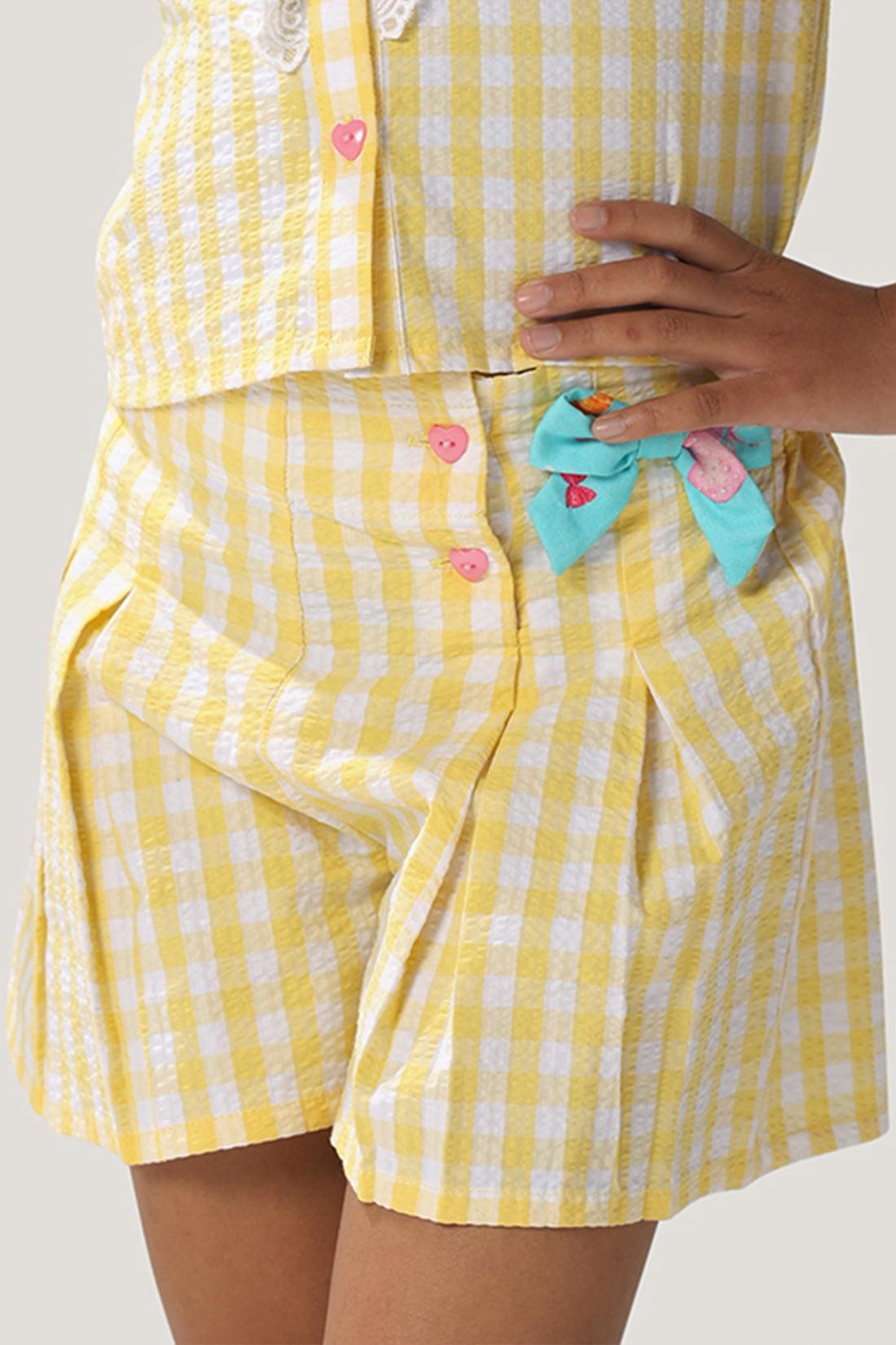 One Friday Kids Girls Checkered Yellow Cotton Shorts - One Friday World