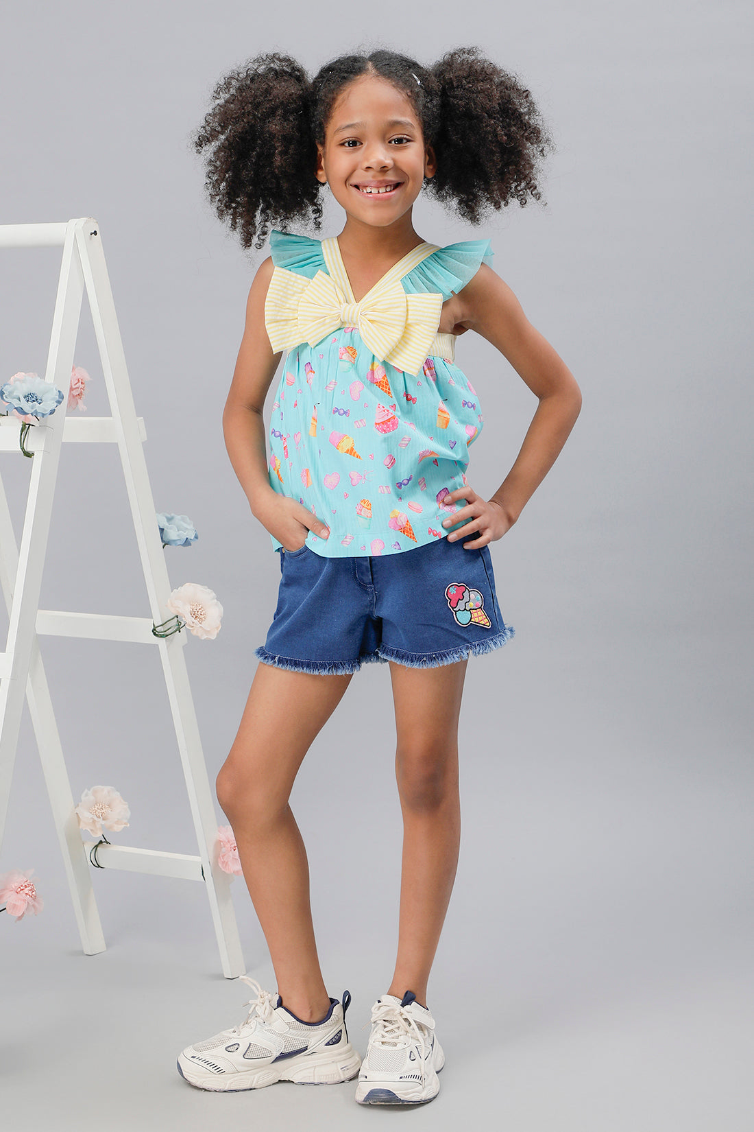 One Friday Kids Girls Aqua Cupcake Printed Bow Top