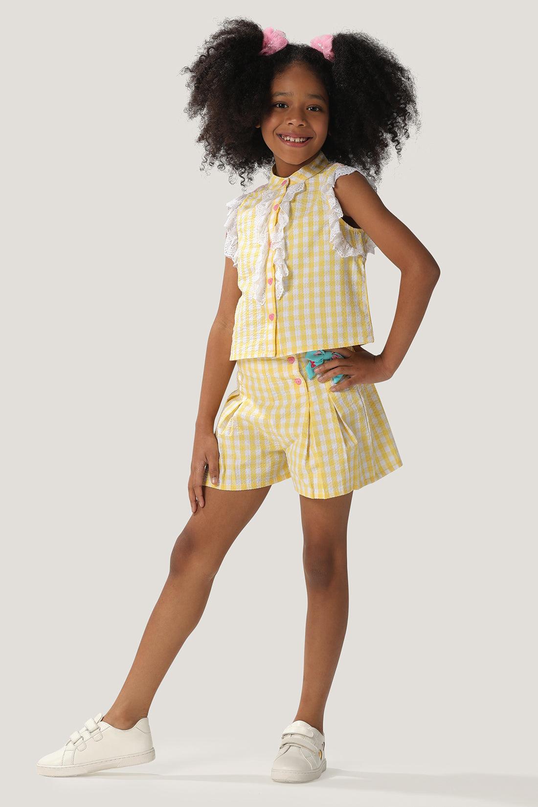 One Friday Kids Girls Checkered Yellow Cotton Shorts - One Friday World