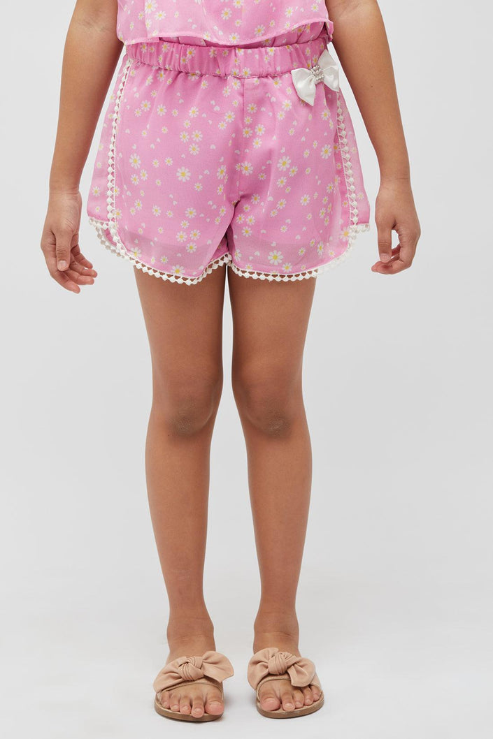 One Friday kids Girls Pink Floral Shorts with Lace & Bow - One Friday World