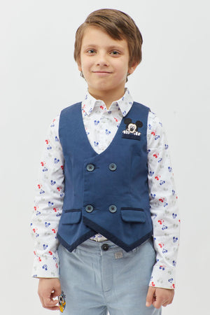 One Friday Kids Boys Navy Blue Mickey Mouse Printed Waistcoat - One Friday World