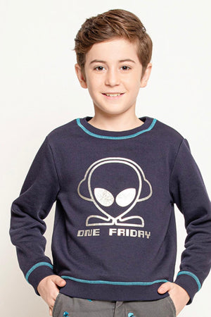 One Friday Kids Boys Navy Blue Alien Printed Sweatshirt