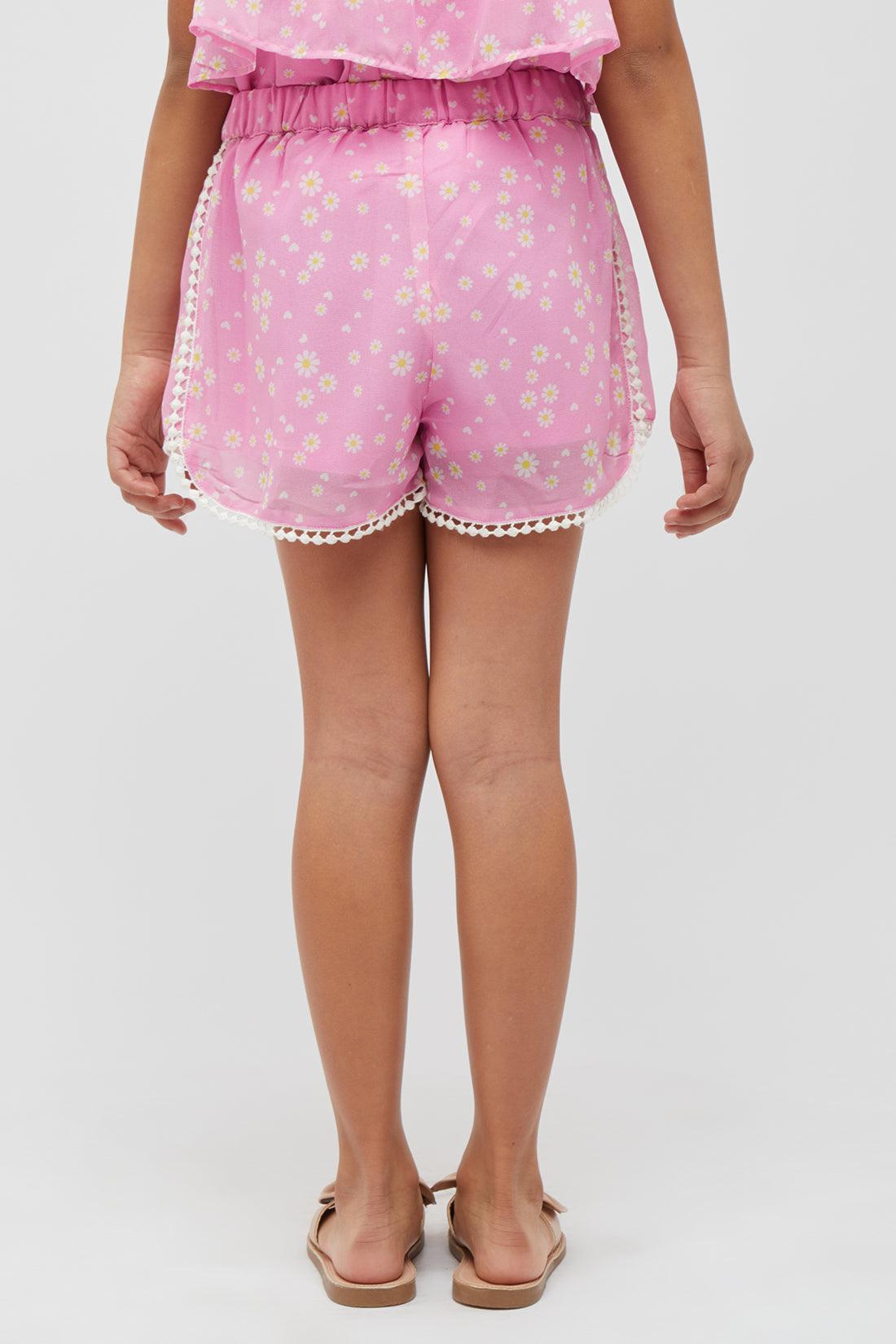 One Friday kids Girls Pink Floral Shorts with Lace & Bow - One Friday World