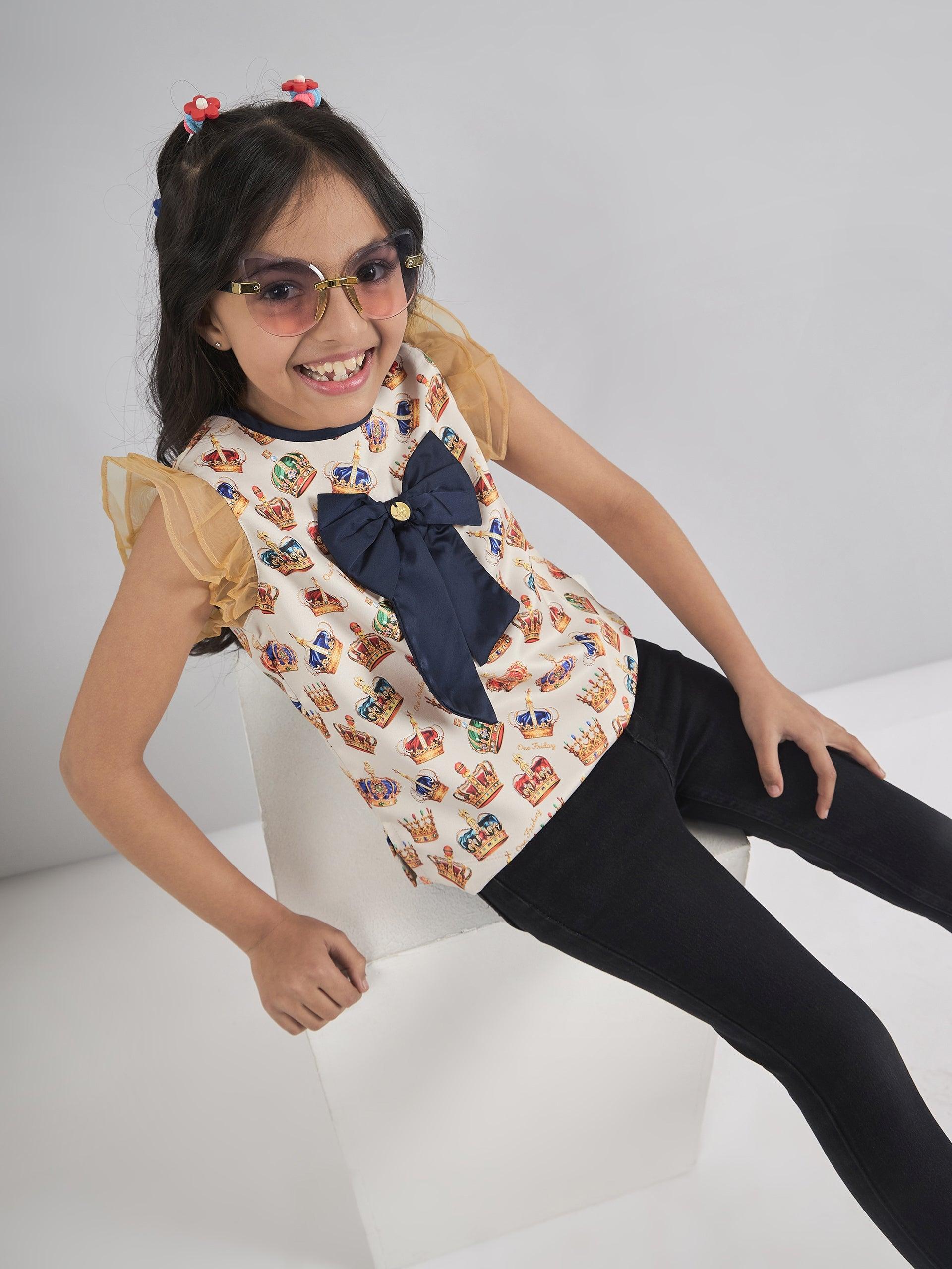 One Friday Kids Girls Crown Printed Top With Navy Blue Bow - One Friday World