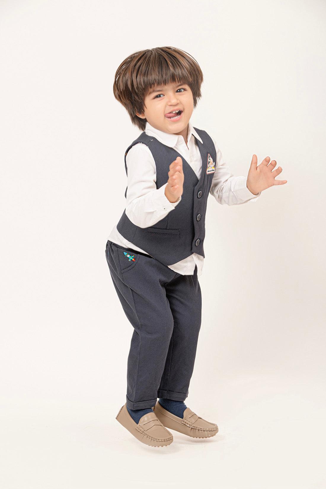 One Friday Baby Boys Navy Blue Mickey Print Cotton Shirt With Trousers & Waistcoat - One Friday World