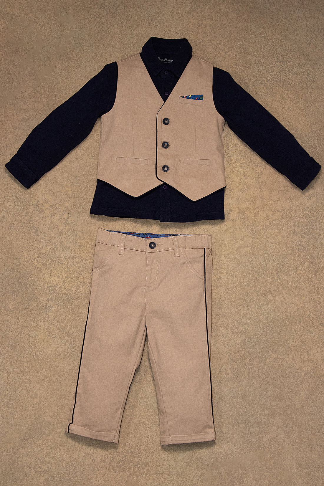 One Friday Baby Boys Beige Solid Waistcoat T-Shirt With Trouser