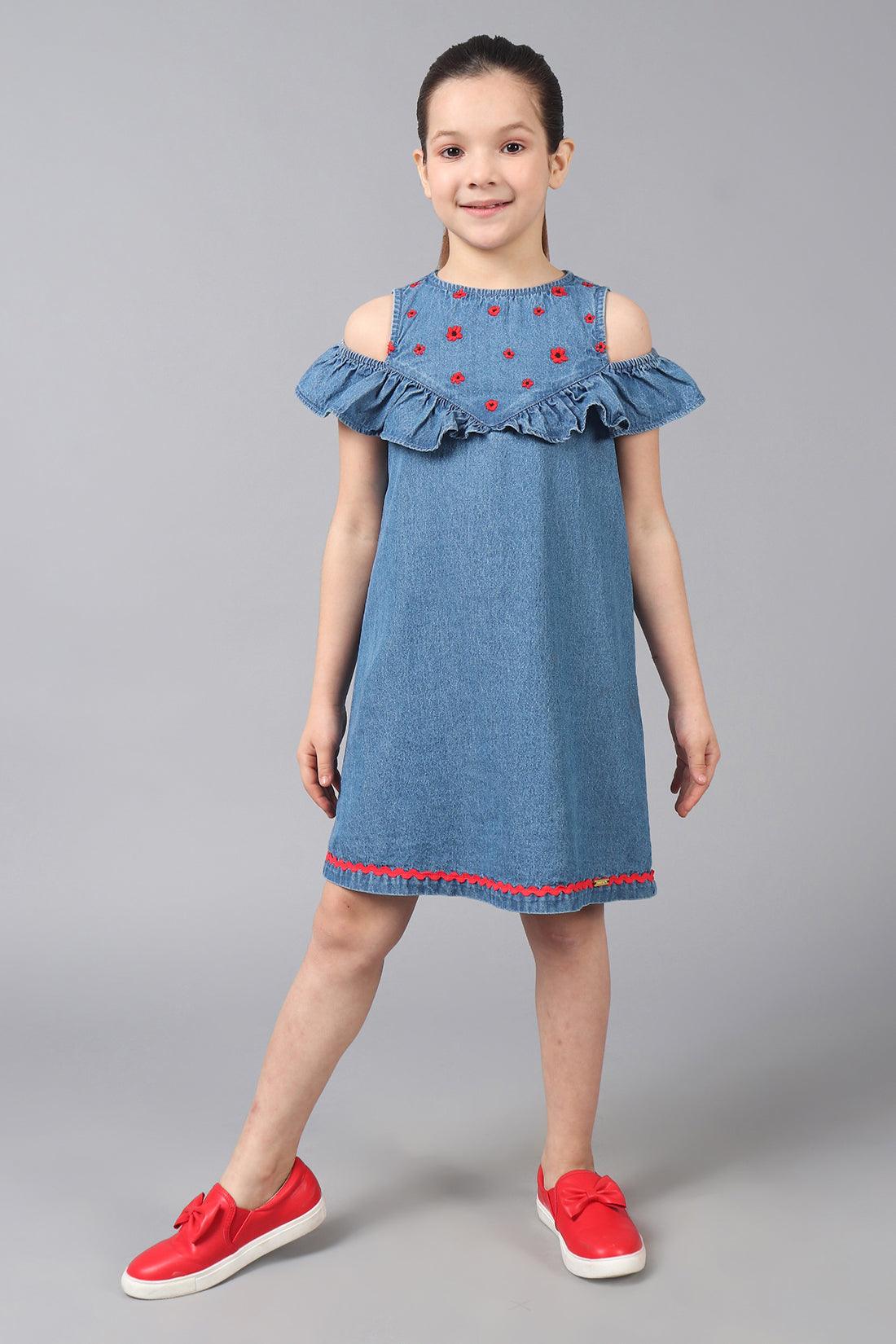 One Friday Kids Girls Indigo Denim Embroidered Dress With Frill Detail - One Friday World