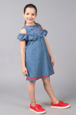 One Friday Kids Girls Indigo Denim Embroidered Dress With Frill Detail - One Friday World