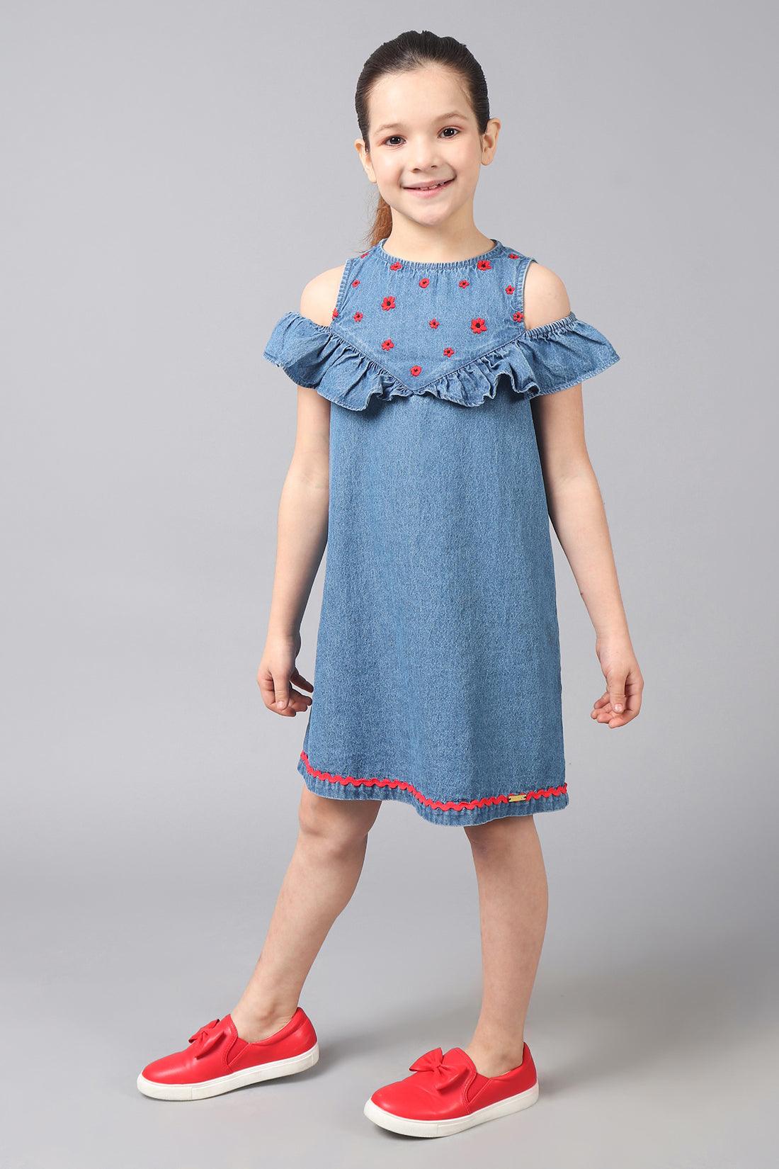 One Friday Kids Girls Indigo Denim Embroidered Dress With Frill Detail - One Friday World