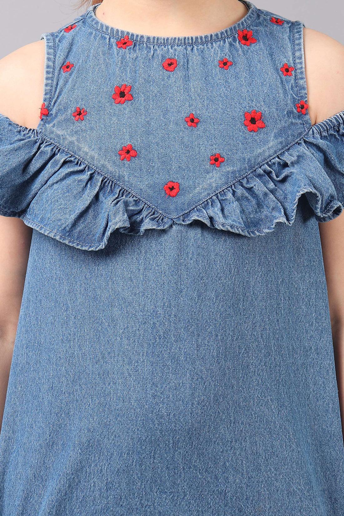 One Friday Kids Girls Indigo Denim Embroidered Dress With Frill Detail - One Friday World