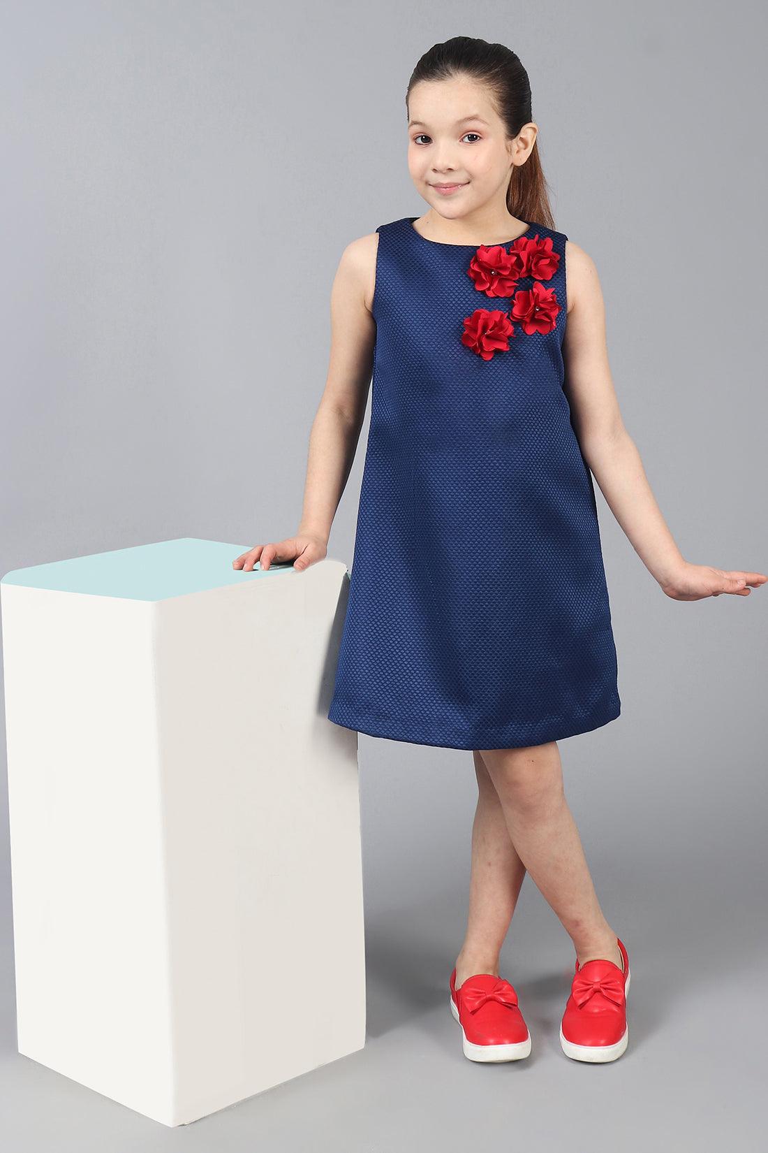 One Friday Kids Girls Navy Blue Sleeveless Dress With Flowers Applique - One Friday World