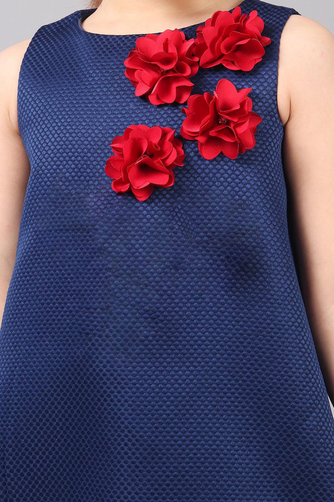 One Friday Kids Girls Navy Blue Sleeveless Dress With Flowers Applique - One Friday World