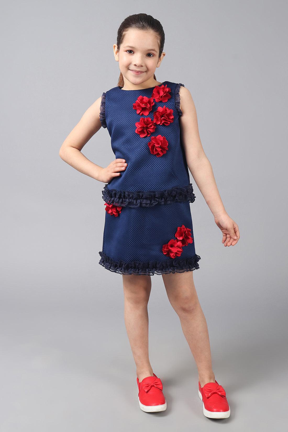 One Friday Kids Girls Navy Blue Round Neck Top With 3D Flowers and Frill Detail - One Friday World