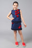 One Friday Kids Girls Navy Blue Round Neck Top With 3D Flowers and Frill Detail - One Friday World