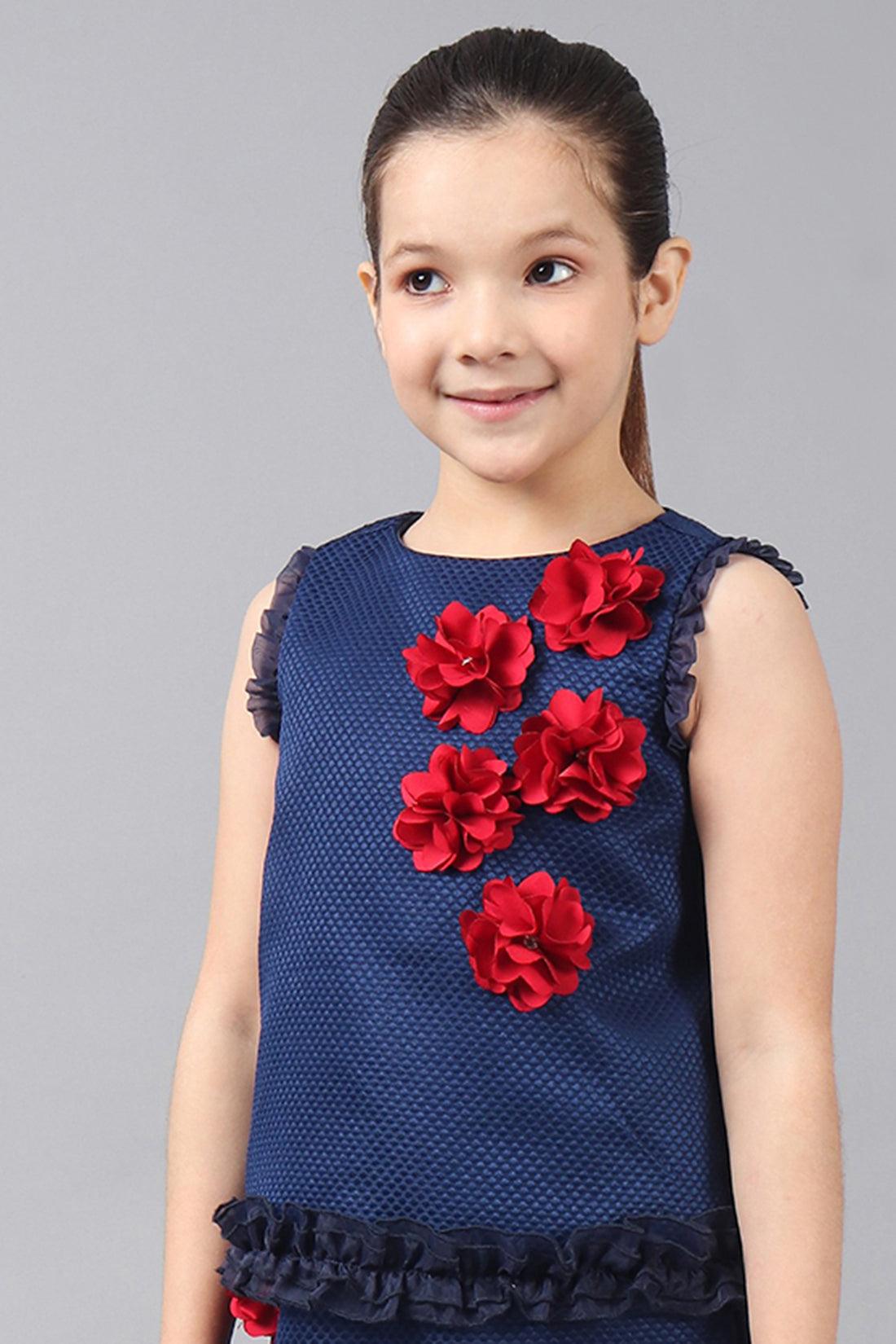 One Friday Kids Girls Navy Blue Round Neck Top With 3D Flowers and Frill Detail - One Friday World