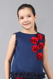 One Friday Kids Girls Navy Blue Round Neck Top With 3D Flowers and Frill Detail - One Friday World