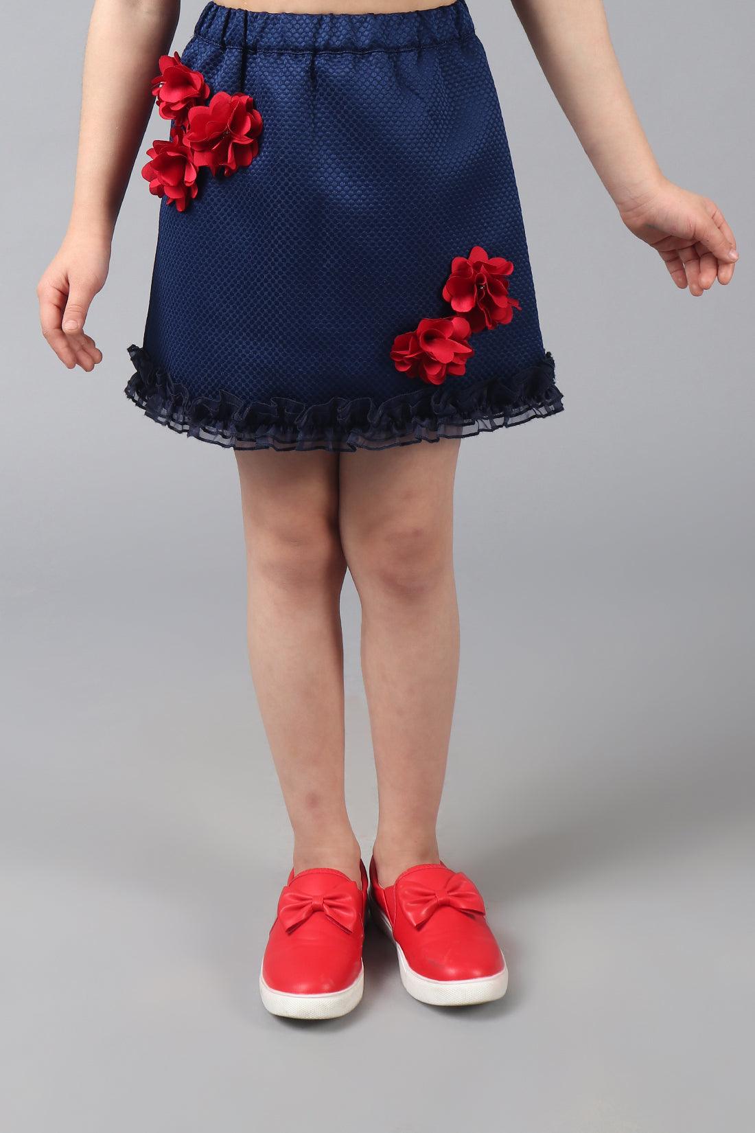 One Friday Kids Girls Navy Blue skirt with elasticated waistband & Embellished flowers - One Friday World