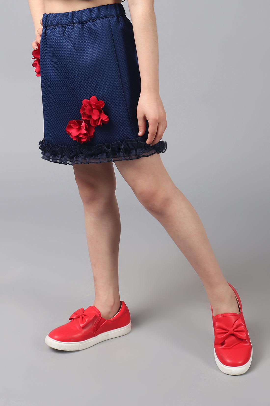 One Friday Kids Girls Navy Blue skirt with elasticated waistband & Embellished flowers - One Friday World