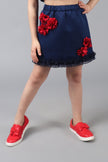 One Friday Kids Girls Navy Blue skirt with elasticated waistband & Embellished flowers - One Friday World