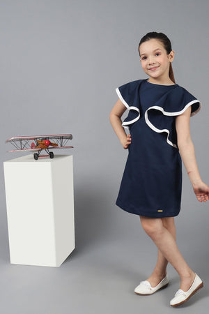 One Friday Kids Girls Navy Blue Straight Fit Dress with Ruffle Sleeves - One Friday World