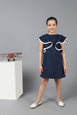 One Friday Kids Girls Navy Blue Straight Fit Dress with Ruffle Sleeves - One Friday World