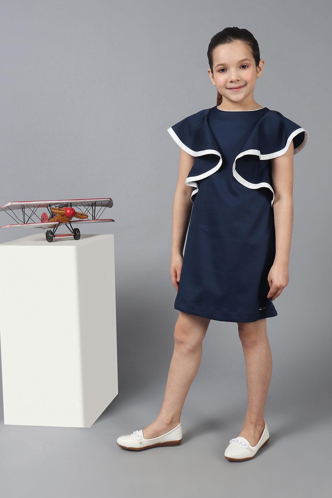 One Friday Kids Girls Navy Blue Straight Fit Dress with Ruffle Sleeves - One Friday World