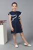 One Friday Kids Girls Navy Blue Straight Fit Dress with Ruffle Sleeves - One Friday World