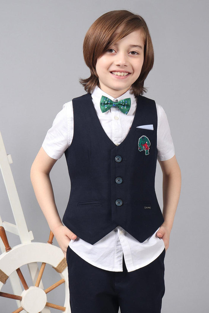 One Friday Kids Boys 100% Cotton Navy Waist-Coat With Hulk Embroidery - One Friday World