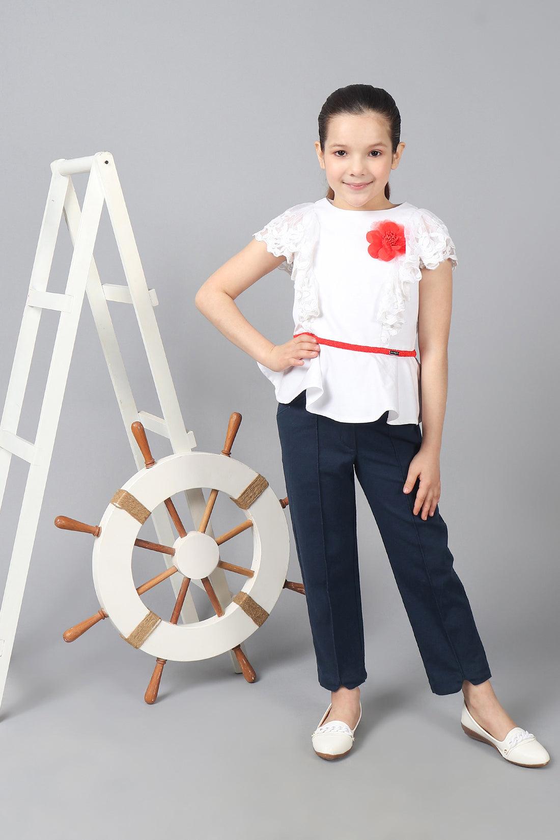 One Friday Kids Girls 100% Cotton Navy Blue Pants With Front Pocket and Embellishments - One Friday World