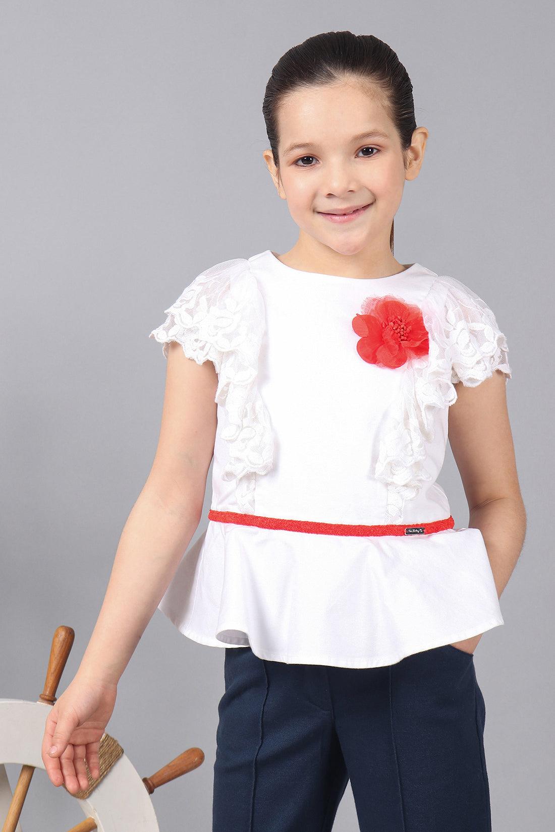 One Friday Kids Girls 100% Cotton White Round Neck Top With Frills - One Friday World