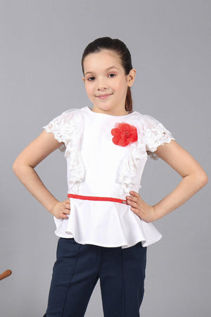 One Friday Kids Girls 100% Cotton White Round Neck Top With Frills - One Friday World