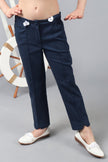 One Friday Kids Girls 100% Cotton Navy Blue Pants With Front Pocket and Embellishments - One Friday World