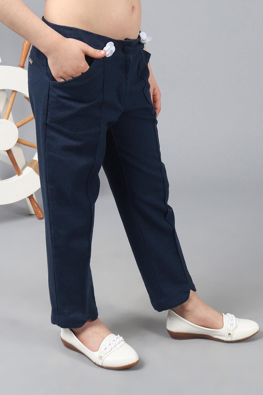 One Friday Kids Girls 100% Cotton Navy Blue Pants With Front Pocket and Embellishments - One Friday World