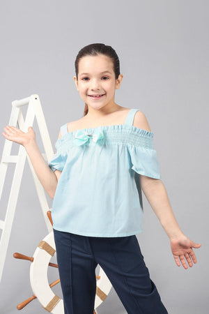 One Friday Kids Girls Pastel Stripe Cotton Ruffle Sleeves Smocked Neckline Cold Shoulder Top - One Friday World