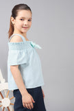 One Friday Kids Girls Pastel Stripe Cotton Ruffle Sleeves Smocked Neckline Cold Shoulder Top - One Friday World